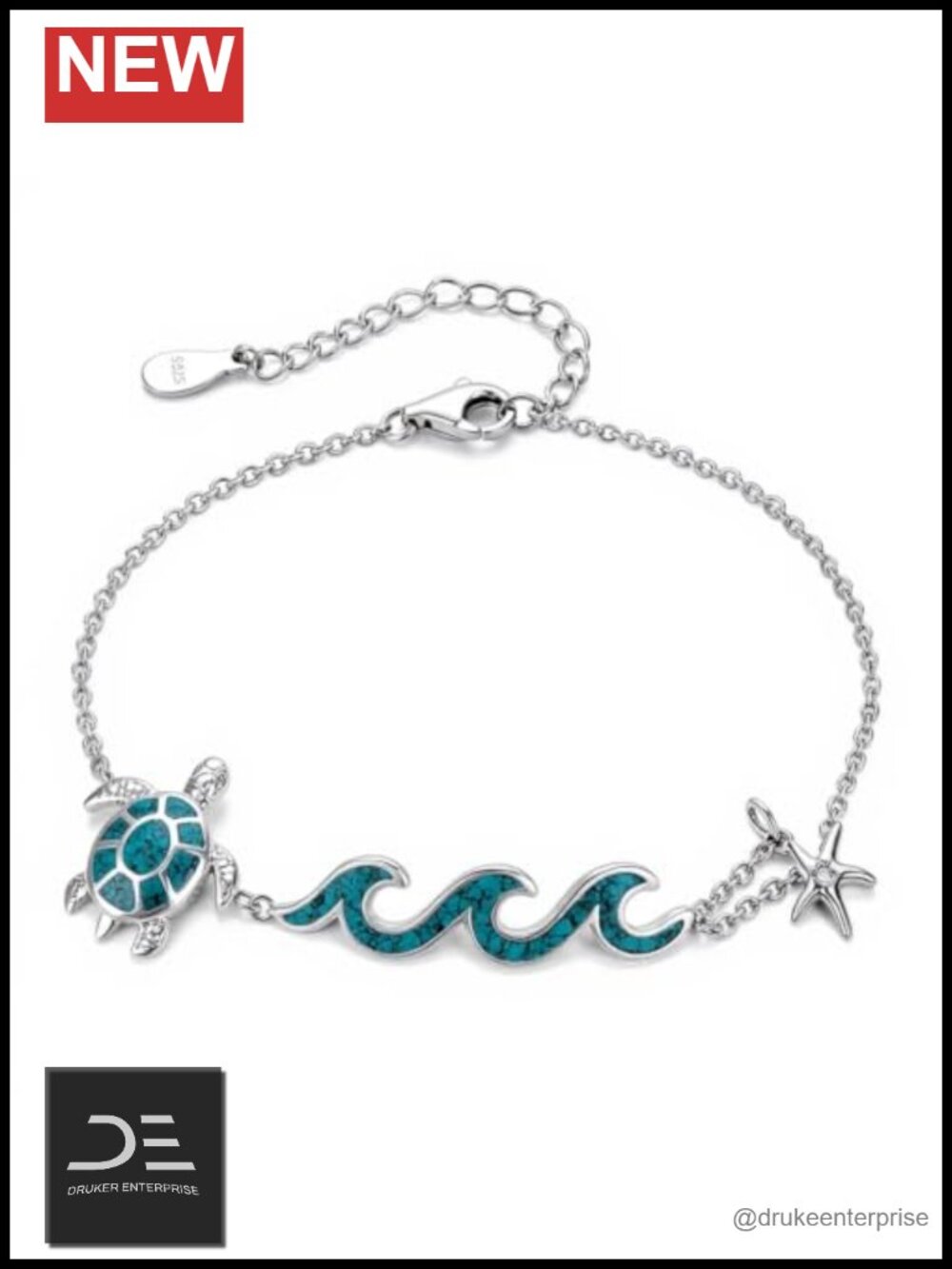 925 Sterling Silver Turtle Wave Bracelet with Starfish Charm CZ Ocean Themed